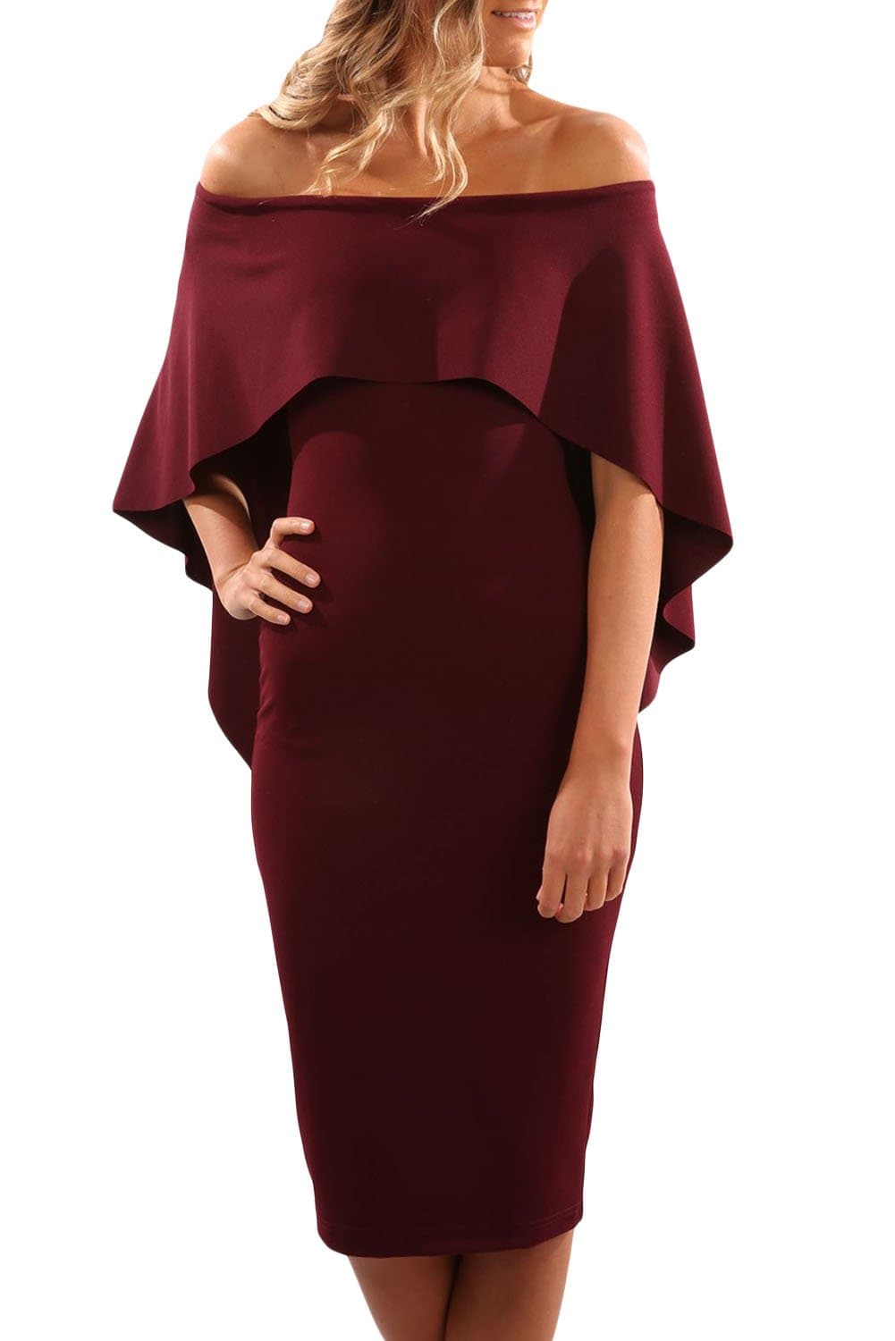 Elisan Woman Luxurious Off Shoulder Batwing Cape Pencil Midi Bodycon Dress