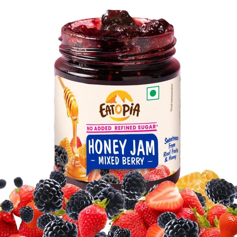 Eatopia Sugar Free Mixed Berry Honey Jam | 100% Pure & Natural | Healthy Jam for Kids & Adults | 70% Real Fruit Berries | No Added Flavours & Preservatives | Sweetness from Real Fruits & Honey | Pack of 1 | 240g