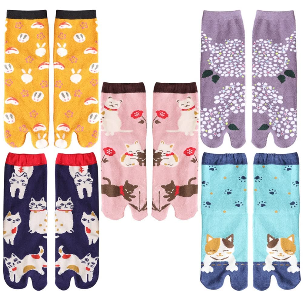 ACMEDEJapanese-Style 5-Pair Women's & Men's Cartoon Animal Socks in Multicolour, Cotton 2 Toe Flip Flop Socks, EU 35-40