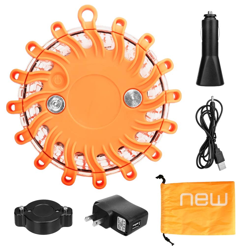 GOSTAR Rechargeable 16 LED Road Flares Flashing Magnetic Base Warning Light Roadside Flare Emergency Lights Beacon Disc for Car SUV Boat