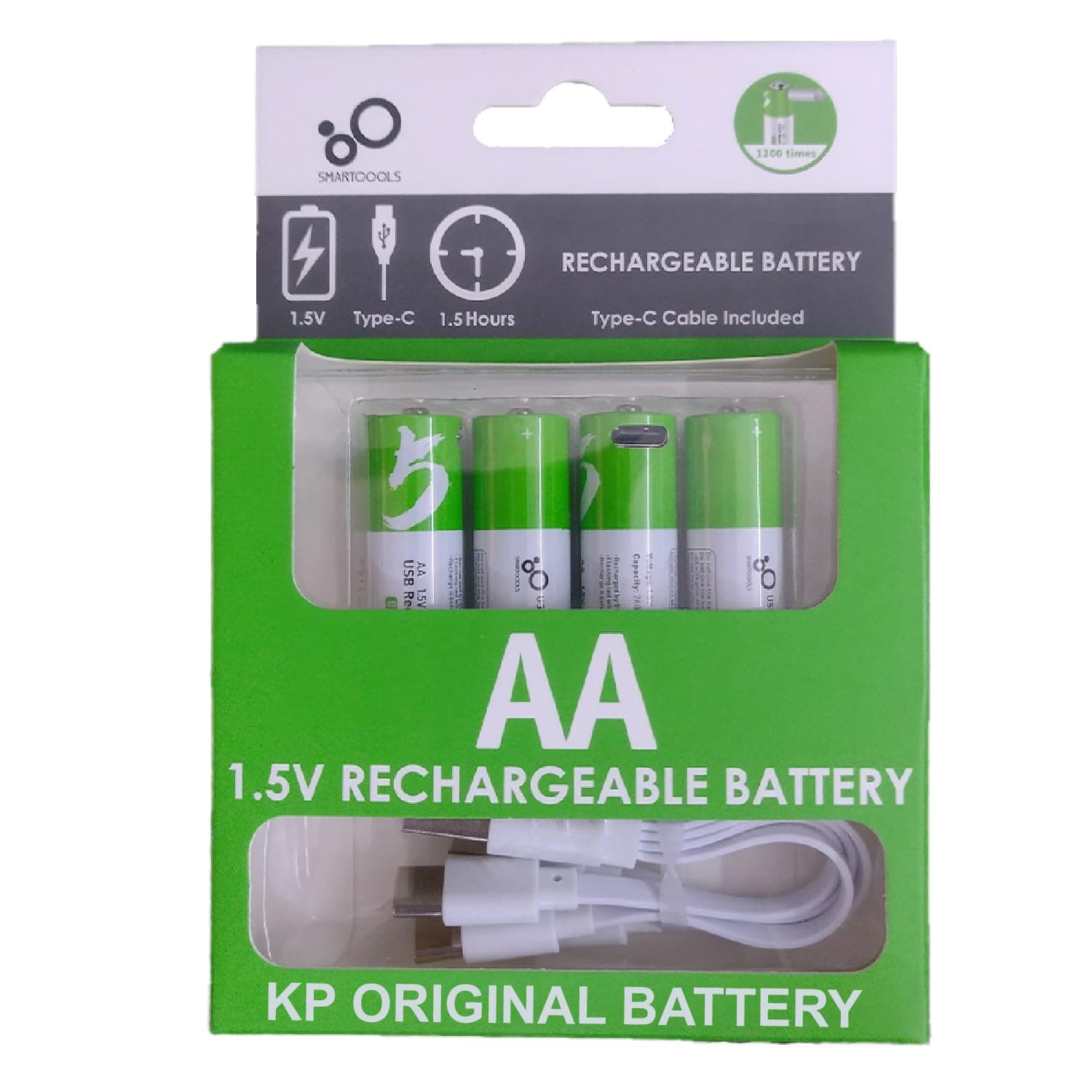 USB Rechargeable AA Batteries,1.5V 2600mWh,USB Type-C Charging Cable,High Capacity,1200 Cycles,Over-Charge Protection,All-Purpose Battery with 4-in-1 Charging Cable(Pack of 4)