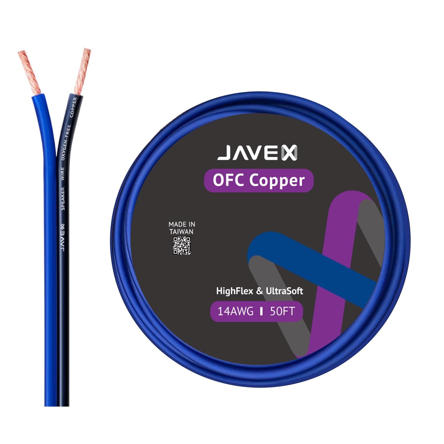 JAVEX Speaker Cable 14-Gauge [2.11mm2] [Oxygen-Free Copper 99.9%] Stranded Copper, Blue/Black, Cable for Hi-Fi Systems, Amplifier 50 Feet [15.25 M]