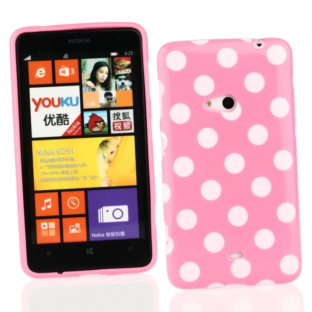 Kit Me Out US TPU Gel Case for Nokia Lumia 625 - Pink / White Polka Dots