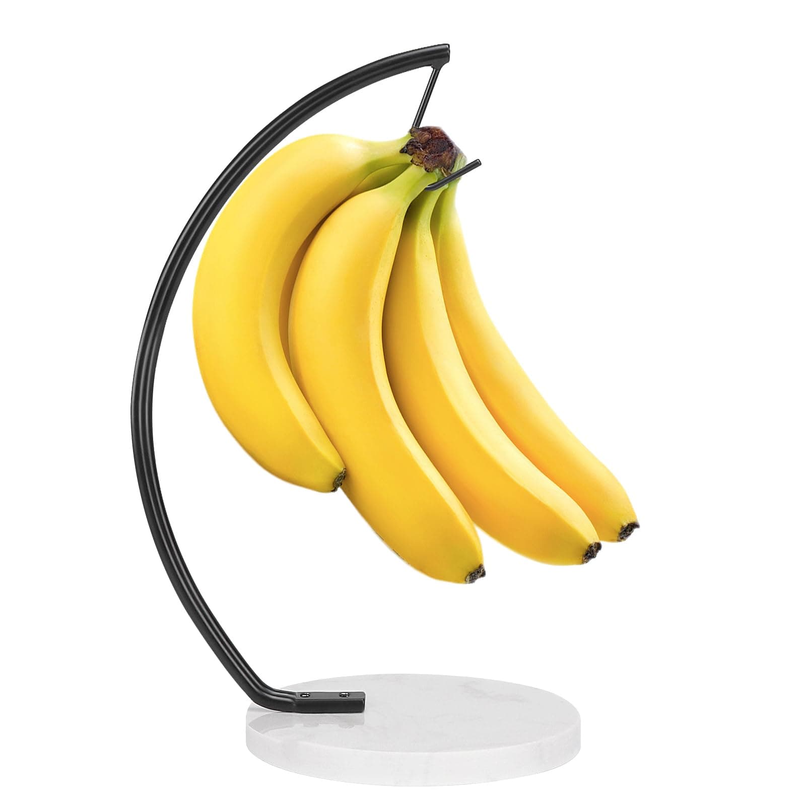 Livabber Banana Holder with Marble Base, Metal Banana Hanger Modern Tree Stand with Hook, Stylish Banana Keeper Fresh Fruit Storage Organizer Freestanding for Kitchen Countertop (Black, Single Hook)