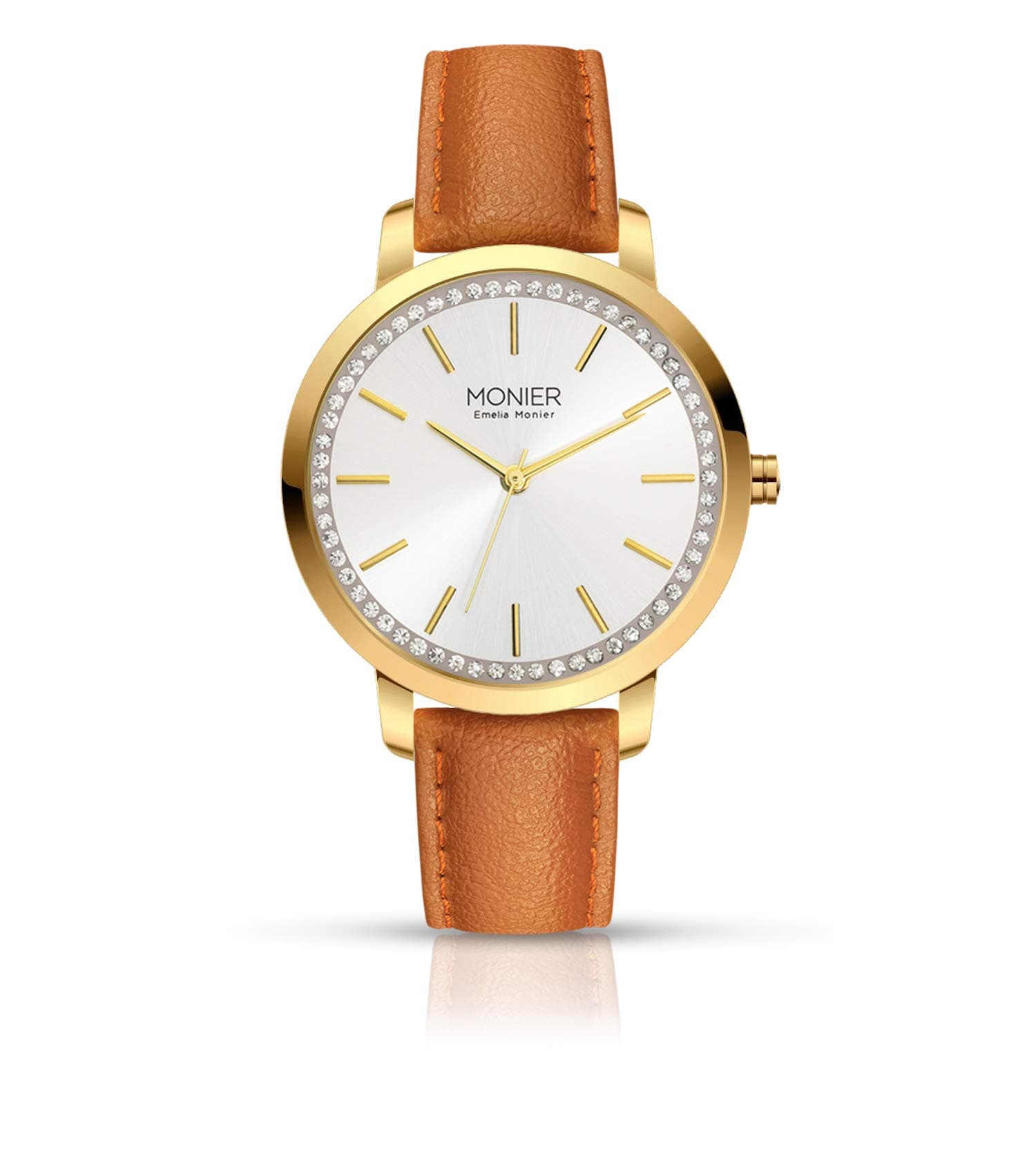 Emelia Monier Sparkling Circle Gold Tone Women's Watch with Silver Tone Sunray Dial and Brown Leather Strap EML002-03BR