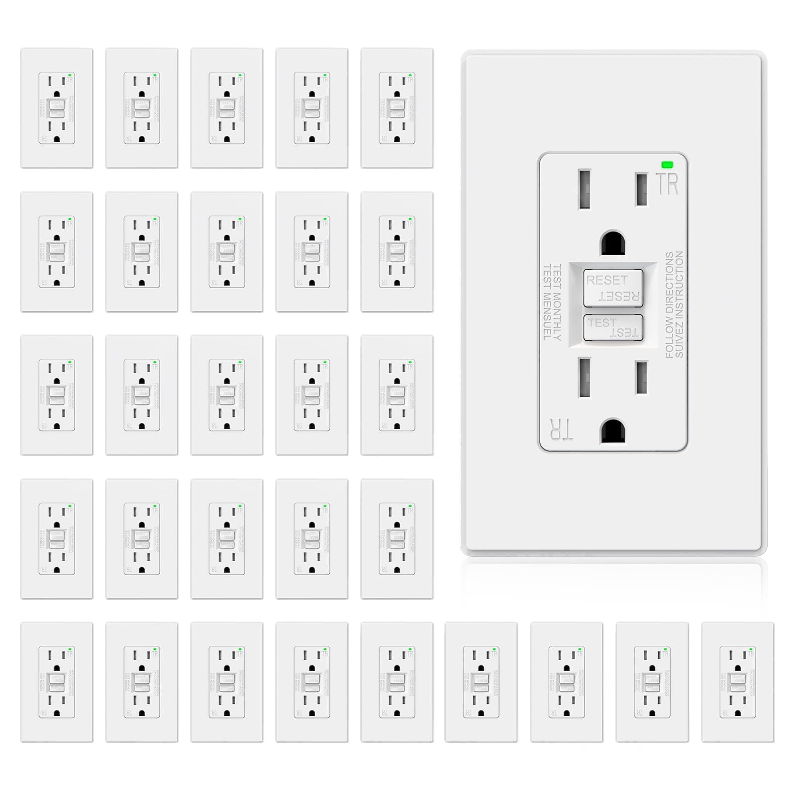 ELEGRP GFCI Outlet 15 Amp, Self-Test GFI Electrical Outlet with Thinner Design, TR Tamper Resistant GFCI Receptacle, Ground Fault Circuit Interrupters with Wall Plate, UL Listed, Matte White, 1 Pack