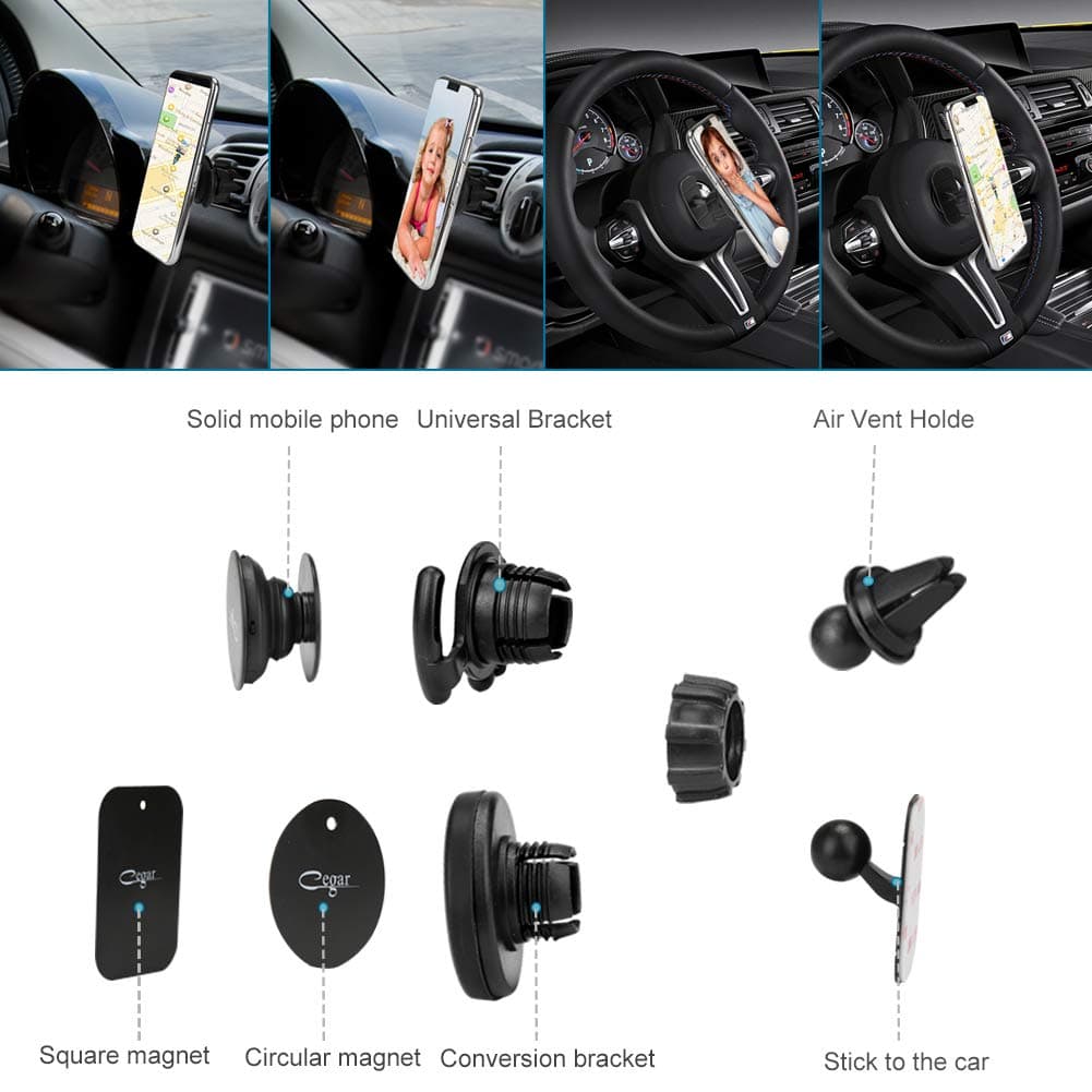 Cegar Clip Car Mount Compatible Pop Users&Magnetic Cell Phone Mount Holder Air Vent Pop Out Stand and Dashboard Sticker Holder for GPS Navigation Compatible with Phone 11/11 Pro/Max Galaxy S10+ S9