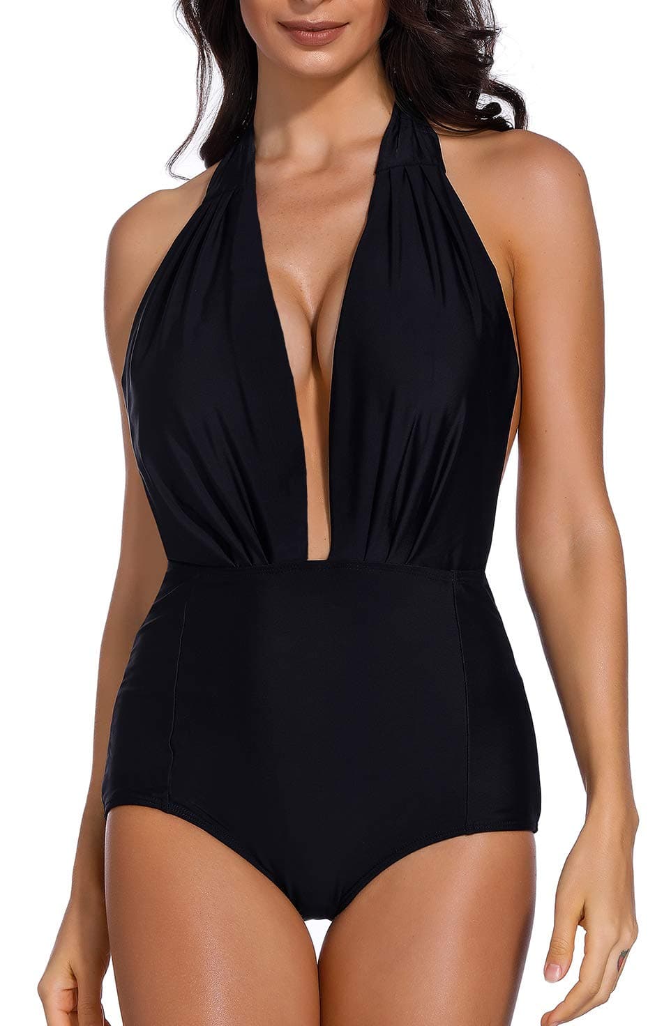 Ecourban Women's One Piece Backless Retro Swimsuit Deep Plunge High Waisted Bathing Suits Swimwear