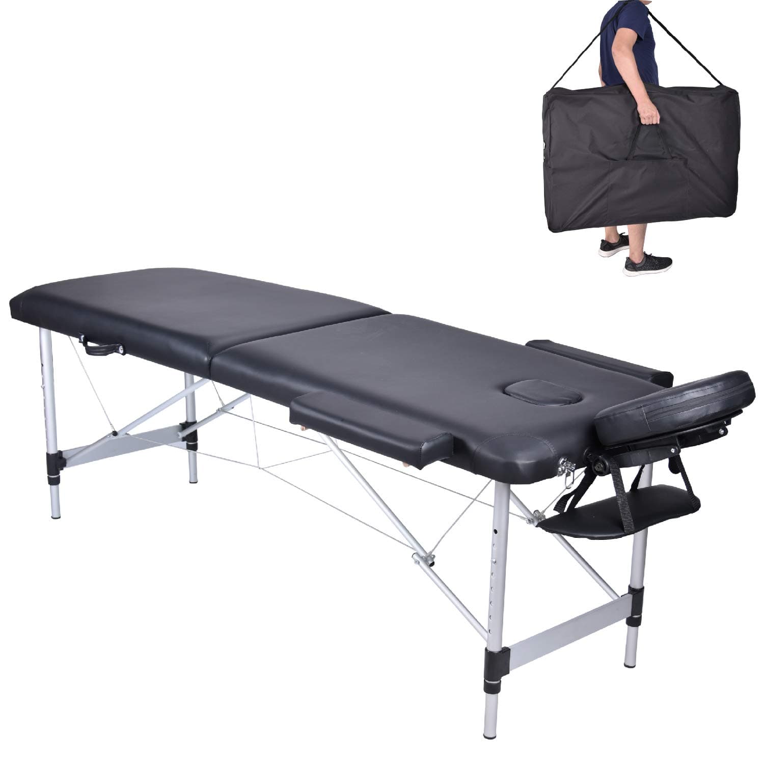 MC Star Folding 2 Section Aluminium Massage Table Portable Height Adjustable Professional Lightweight Massage Bed Beauty Treatment Couch Free Armrest Headrest Carrying Bag（Black）