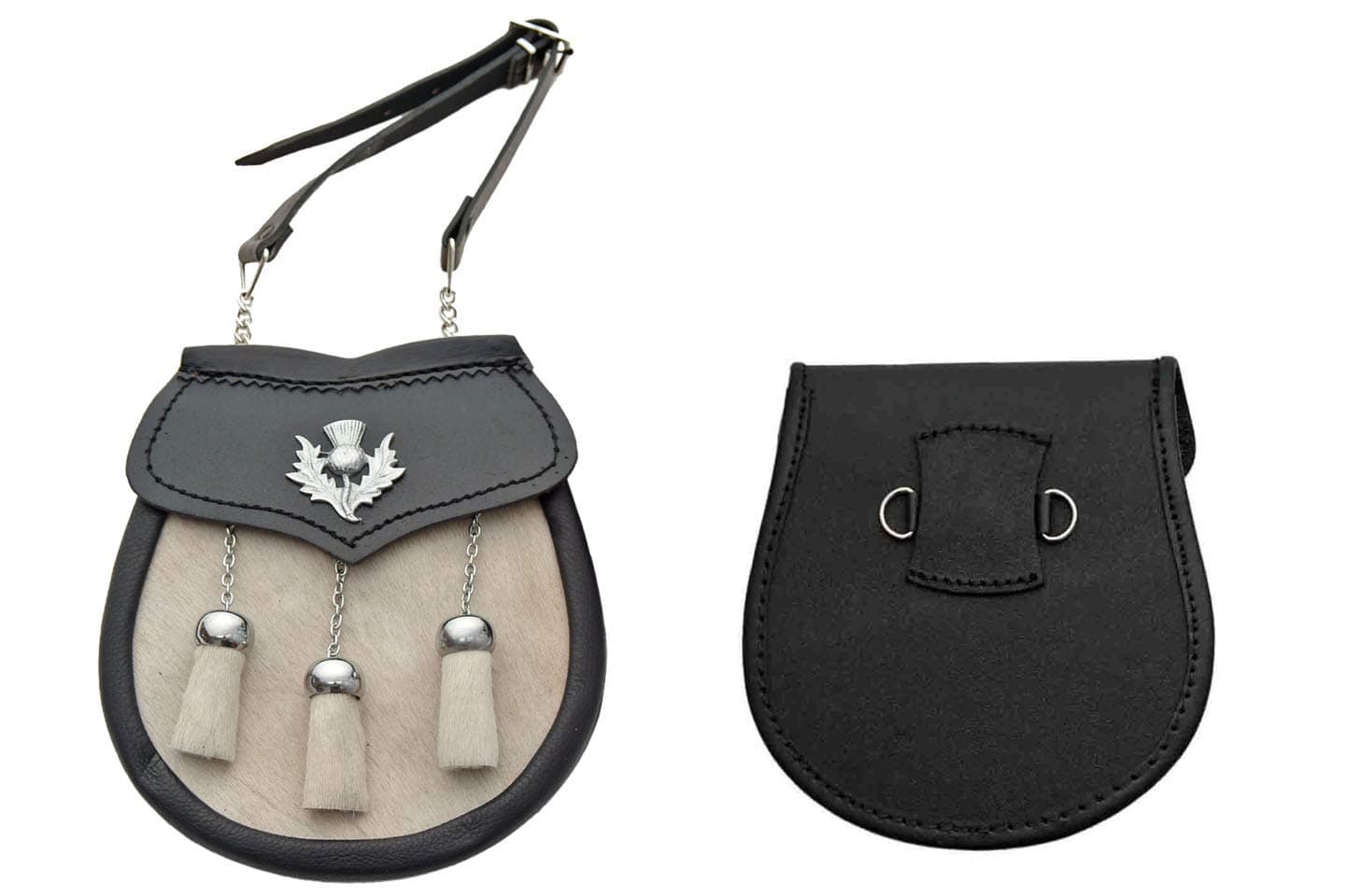 SZCO Medieval Sporran 8 Inch - White Cowhide Leather Pouch with 3 Tassels - Scottish Kilt Sporran with Chain Belt for Men - Medieval Bag for Costume & Renaissance Accessories