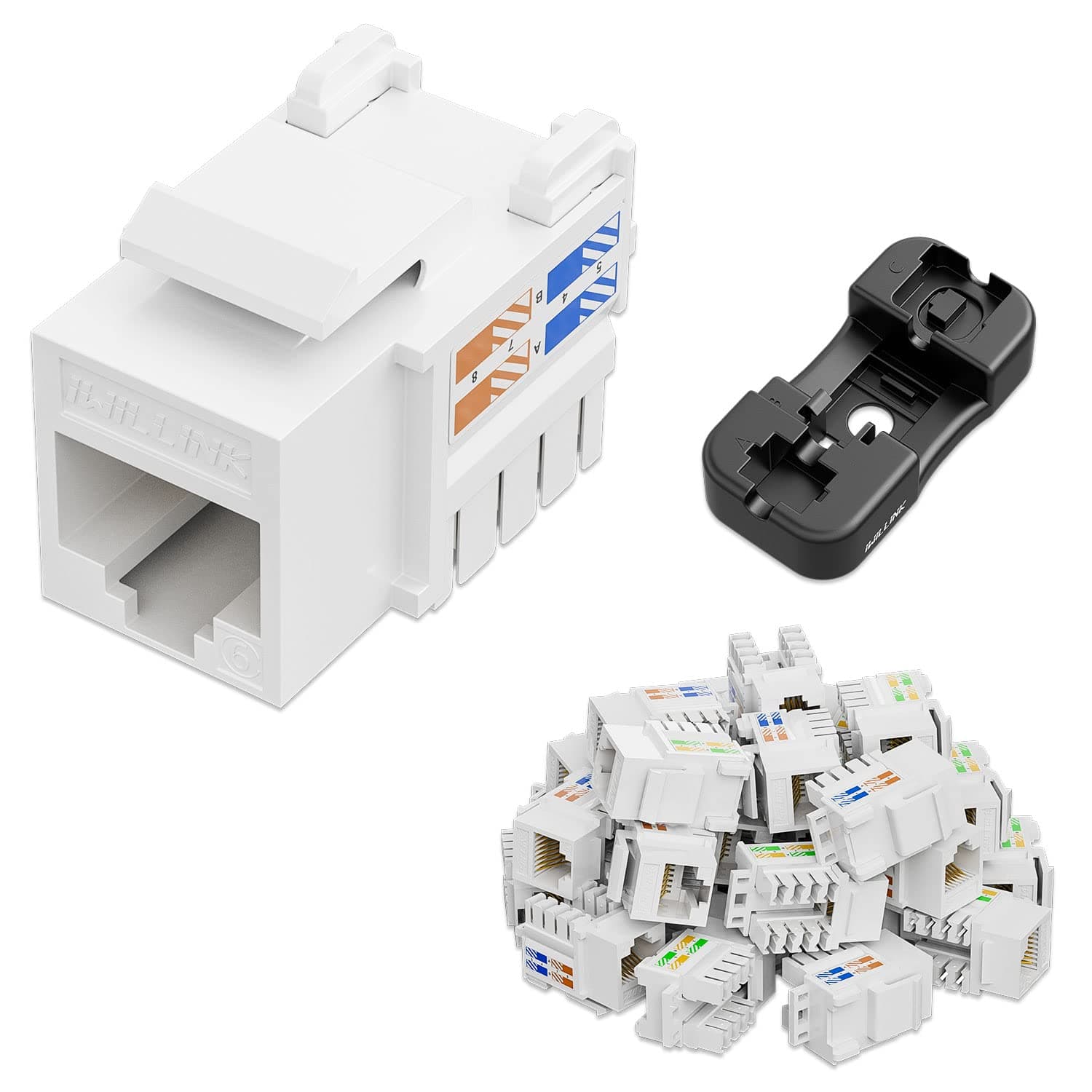 10Gbps Cat6 Keystone Jack, RJ45 Keystone Jack 25-Pack and Keystone Punch-Down Stand, UTP Modular Ethernet Jack Insert 90-Degree, Punch Down Keystone Adapter, White
