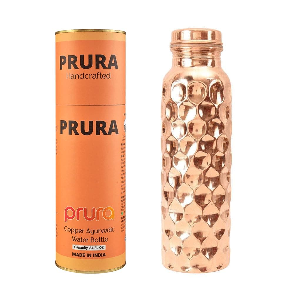 PRURA Diamond Cut Copper Water Bottle - Leak Proof Ayurvedic Drinkware Copper...