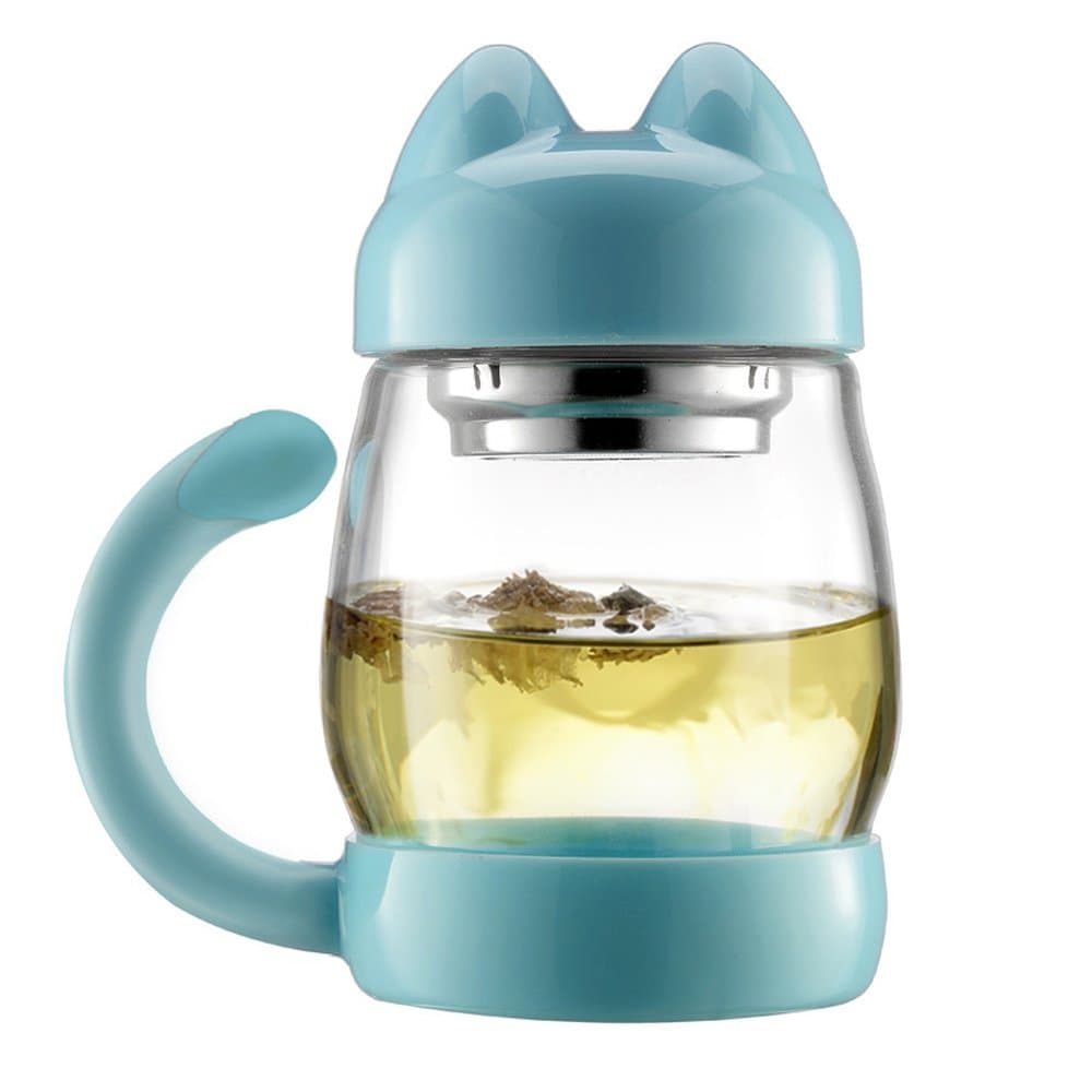 Portable Cute Mugs, 420ml/14oz Heat Resistant Tea Cup with a Lid and Strainer,Free with a Cat Picture Coaster (Blue), 4.3