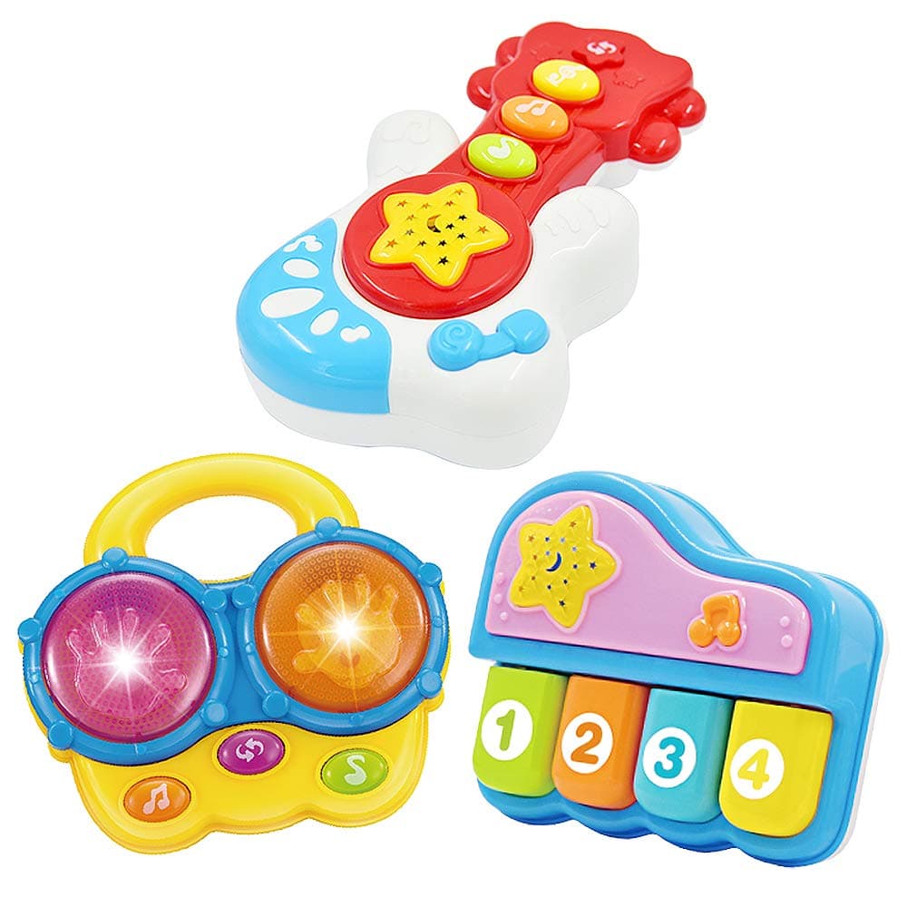 WEofferwhatYOUwant Baby Musical Instrument Set – Piano, Bongo Drums & Guitar – Light-Up Projector Toys for Babies 6+ Months – Educational Multi-Instrument Bundle – Auto Off – Batteries Included
