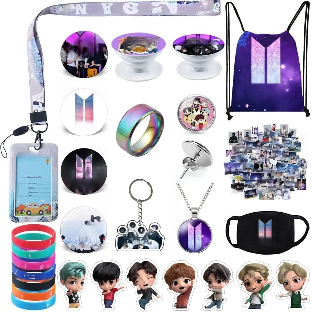 BTS Gift Set Including Drawstring Bag, Backpack, Necklace, Earrings, Rings, Bracelets, Face Masks, Button Pins, Lanyard, ID Holder, Key Chain, Phone Ring Holder