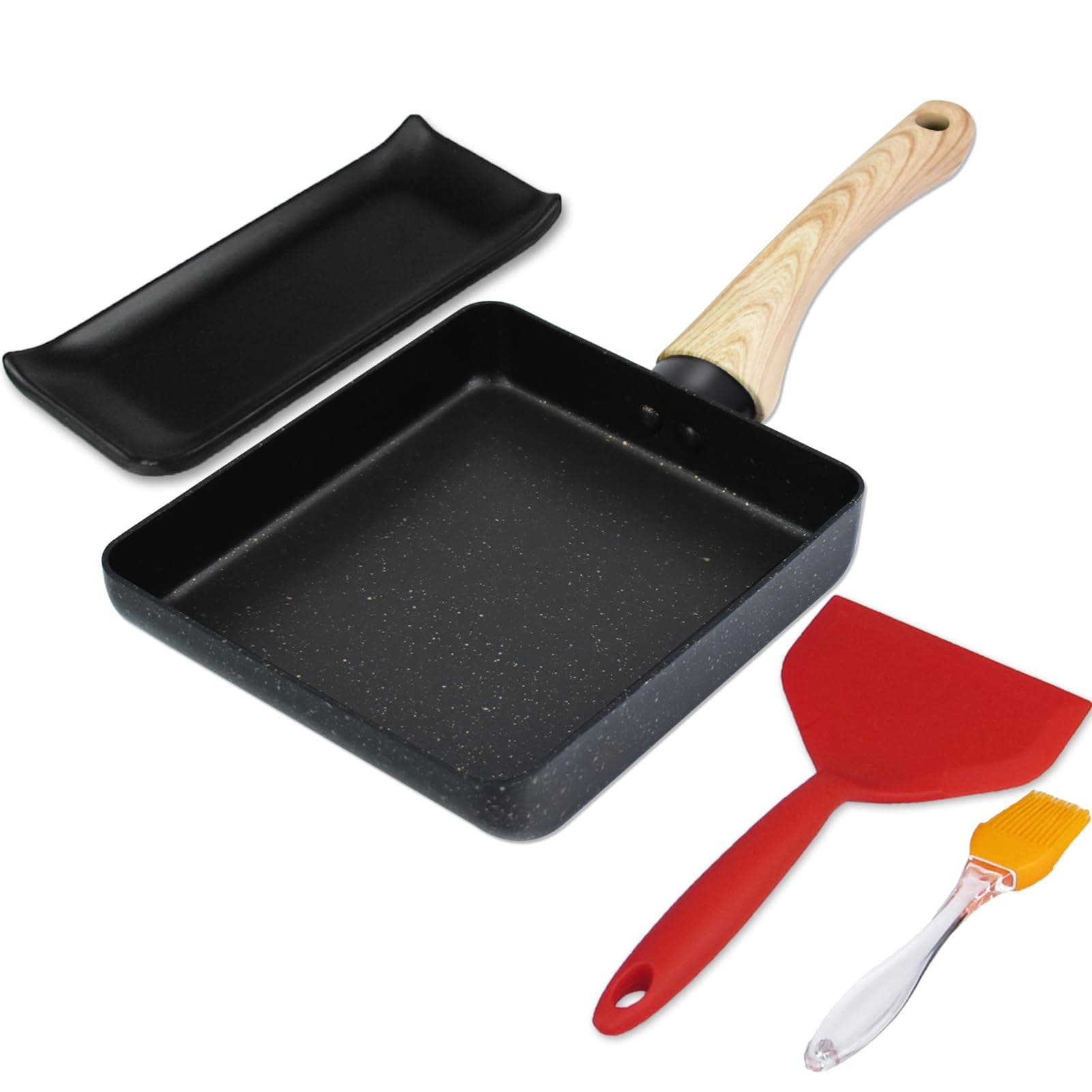 Artcome Japanese Omelette Pan Non-Stick Coating Tamagoyaki Egg Pan Rectangle Mini Frying Pan, with Silicone Spatula & Brush, Black Plate and Magic Sponge Eraser, 7" x 6" (Black)