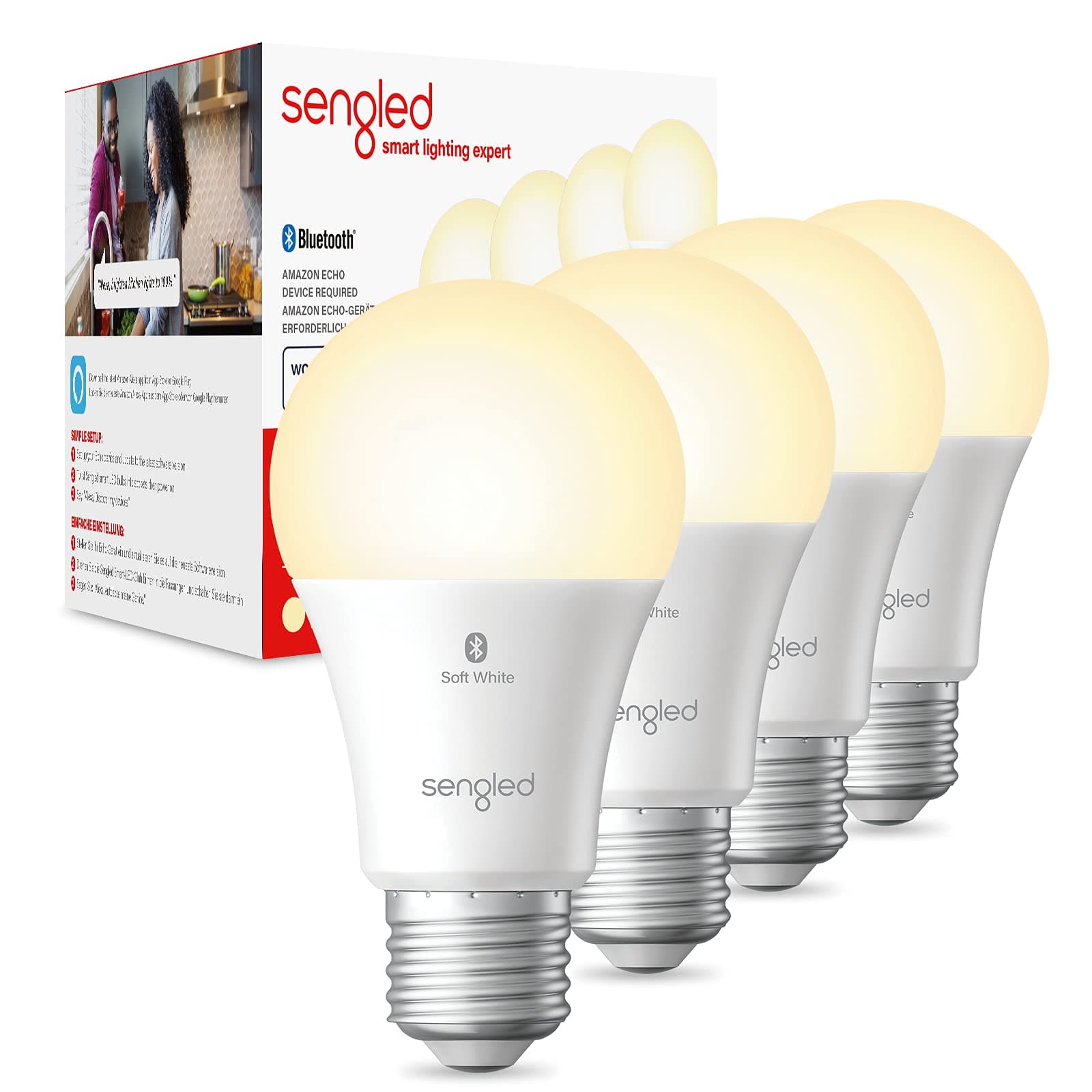 Sengled Smart Bulb, Alexa Light Bulb, Bluetooth Dimmable LED Bulbs E27, Work with Amazon Alexa (Echo and Echo Dot), Remote Control Voice Control, Energy Saving 8.8W 806LM, Soft White, 4 Pack, B11-U21W [Energy Class A]