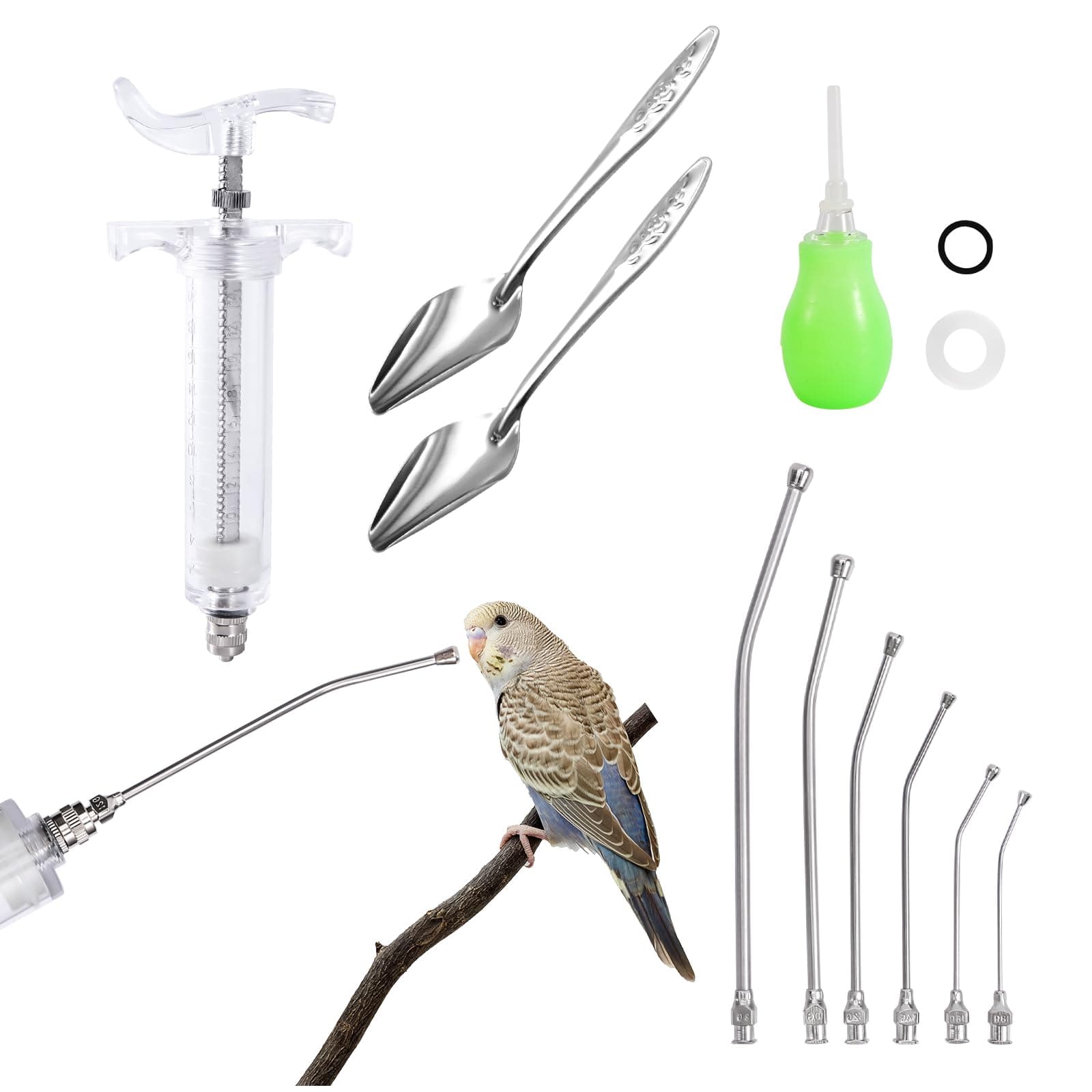 Adhere to Fly Baby Manual Feeding Syringe Set Feeding Tubes with 6 Pcs Curved Gavage Tubes and Stainless Steel Metal Feeding Spoon for Baby Birds Parrot Small Pet (20ML)