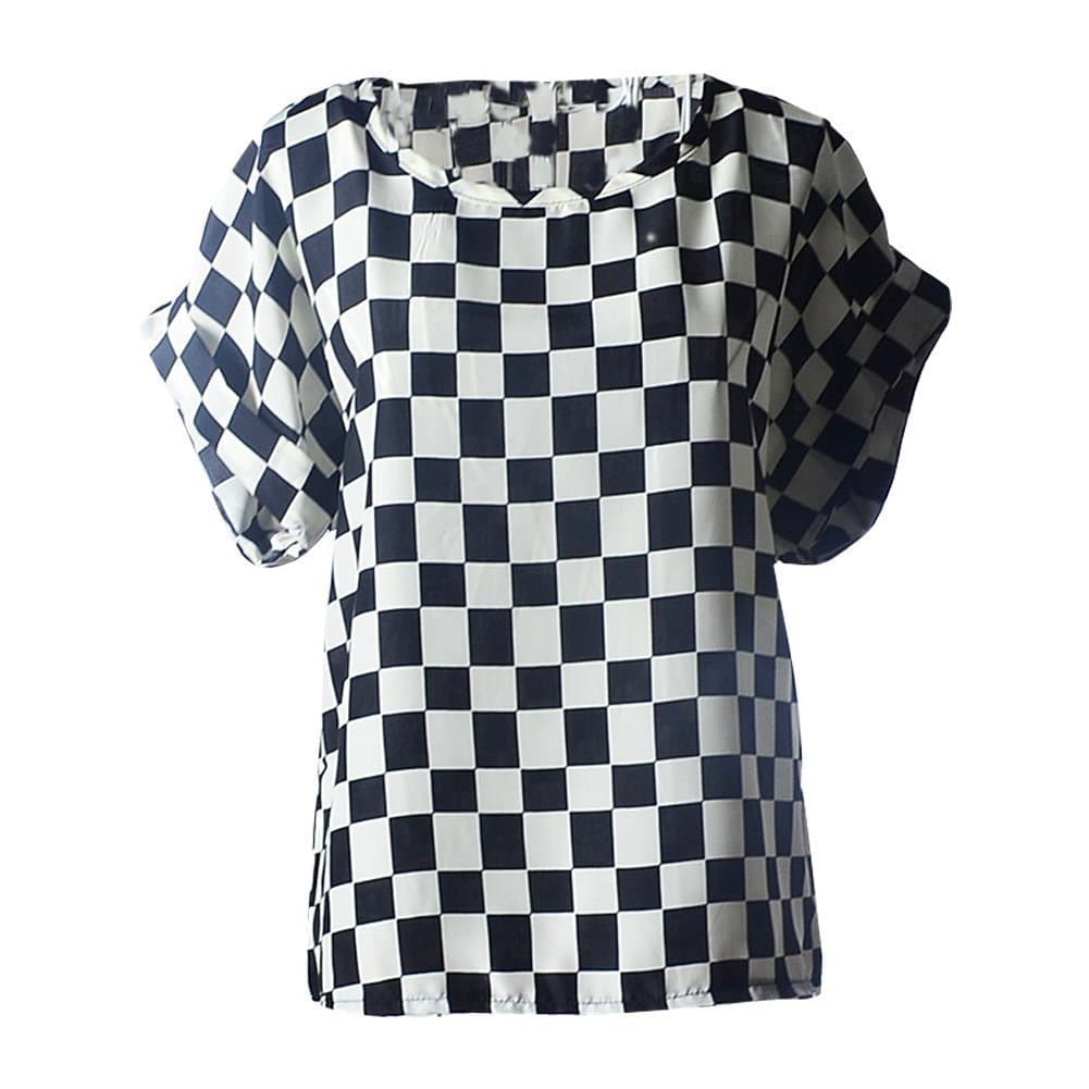 YOUNG LIGHT@ Womens Cute Geometric Print Loose Chiffon Blouses Top Shirt Cool T-Shirt (XX-Large,Black-White Checks)