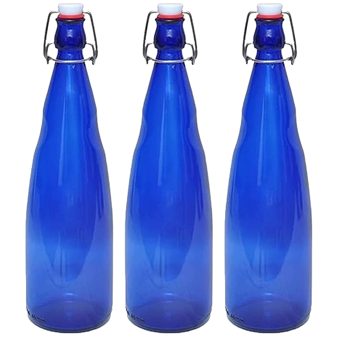 SAND DUNE Set of 3, 1000 ml Each OPT3 Blue Glass clip top cap water bottle with flip top cap, Leak-Proof for water, Juices - Reusable Travel Glass Drinking Fridge Bottles