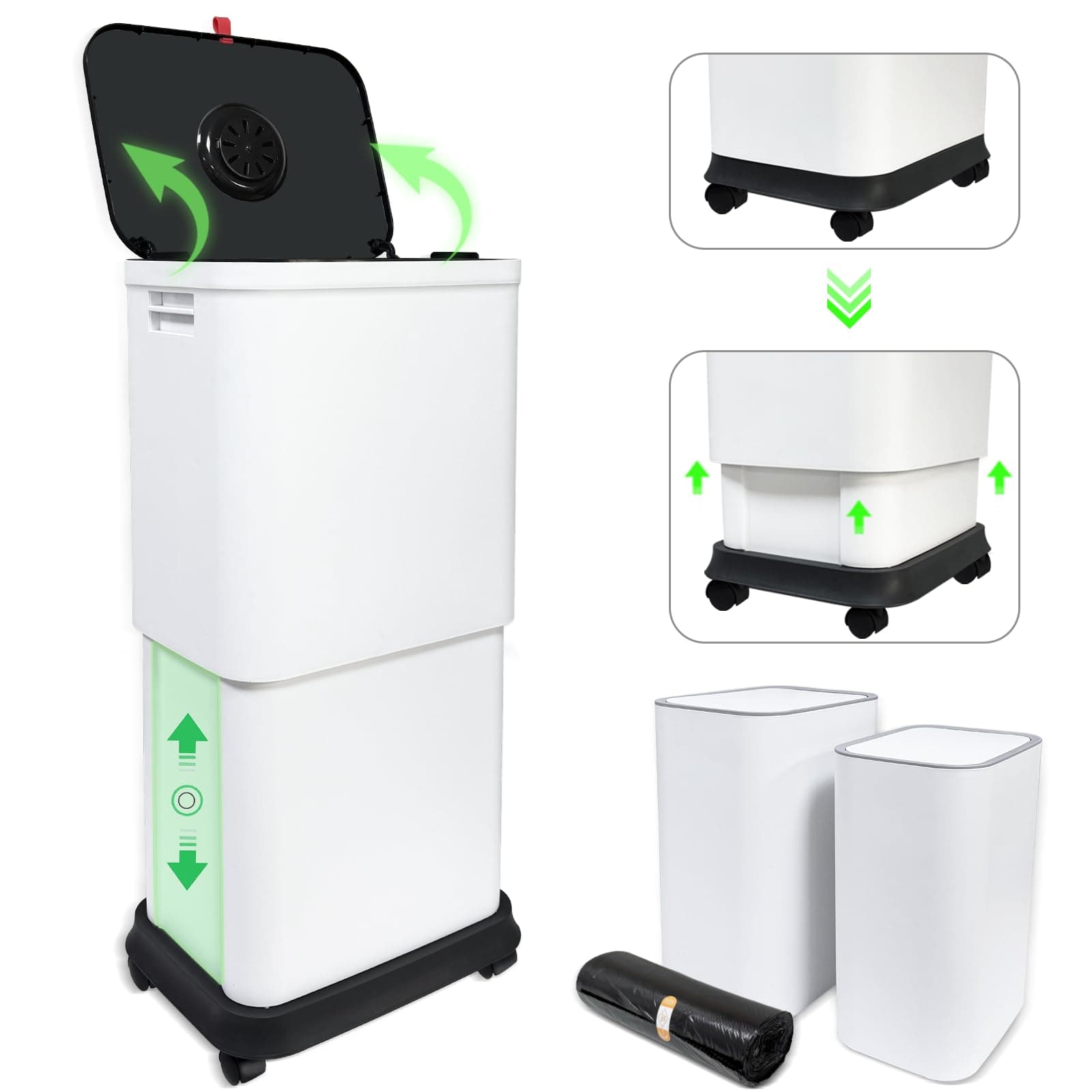 Gintan 13 Gallon Trash Can with Lid, 25-45 L Altitude Variable Bin, Garbage Can with Wheels for Kitchen, Bathroom, Bedroom, Office, Two Space-Saving Small Waste Bin and Garbage Bag