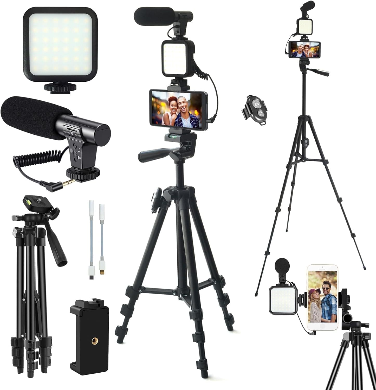Vlogging Kit,YouTube Starter Kit,Vlogging Kit for iPhone/Androidphone/Cameras Phone Holder for Video Recording with 50" Extendable Tripod/Microphone/Fill-in Light/Capture Remote Control (VK-2)