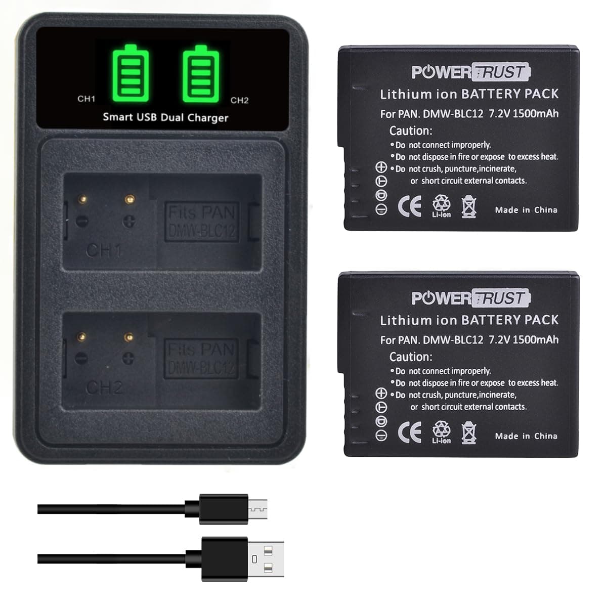 2Pack DMW-BLC12 DMW-BLC12E Battery with Charger for Panasonic Lumix DMC-FZ200 DMC-FZ1000 DMC-G5 DMC-G6 DMC-G7 DMC-GX8 DMC-G85 DMC-GH2 Cameras