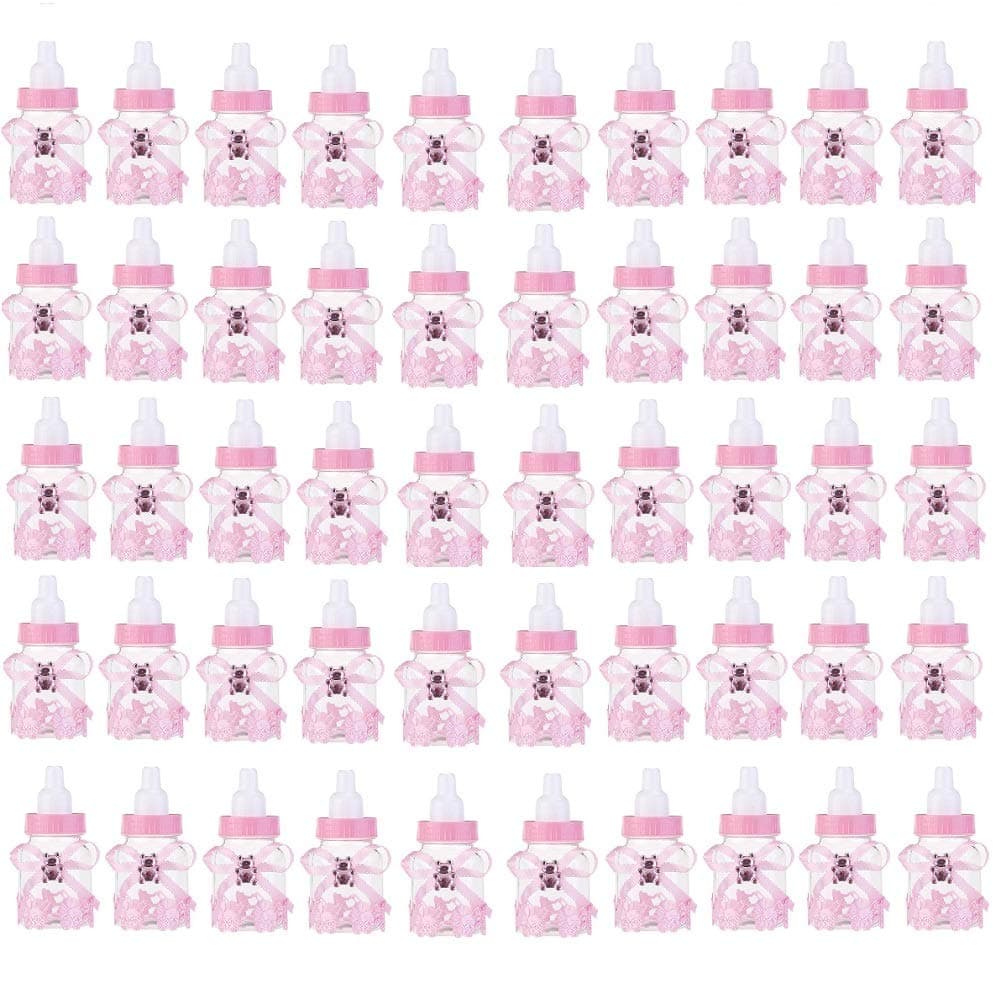 50Pcs Mini Baby Bottles Adorable Baby Shower Box Decor with Ribbon and Bear Candy Box Gifts Birthday Party Favors Festive Decorations, 3.5Inch, Pink