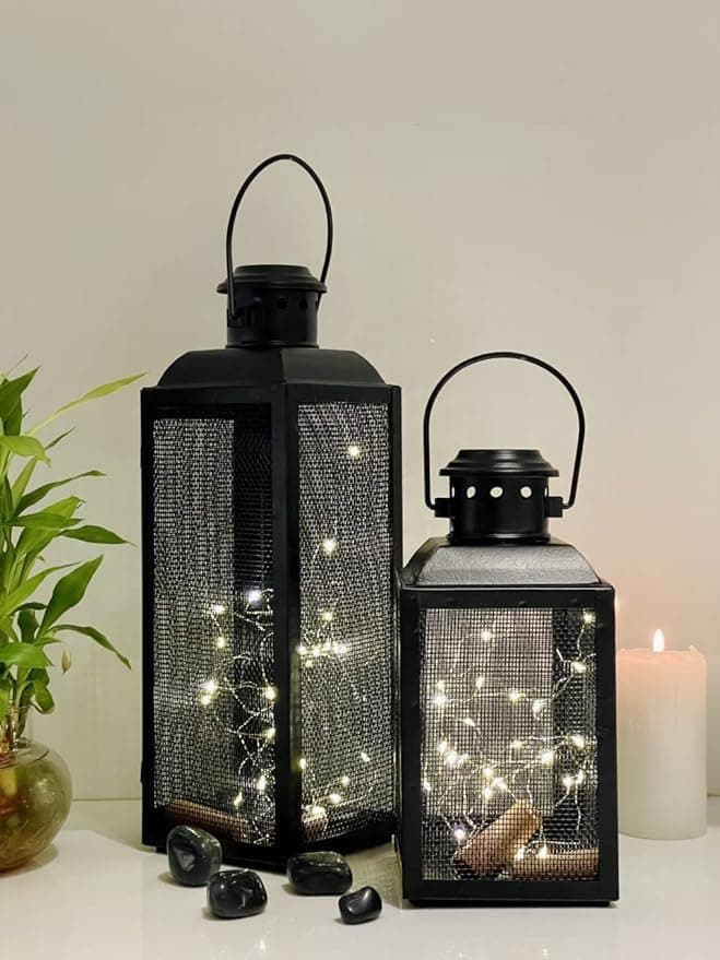 Urban Born Set of 2 Iron Lantern and Candle Tealight Holder for Home Decor Items | Candles for Home Decoration | Candle Holders for Home Decor | (Pack of 2) (Black) (Black)