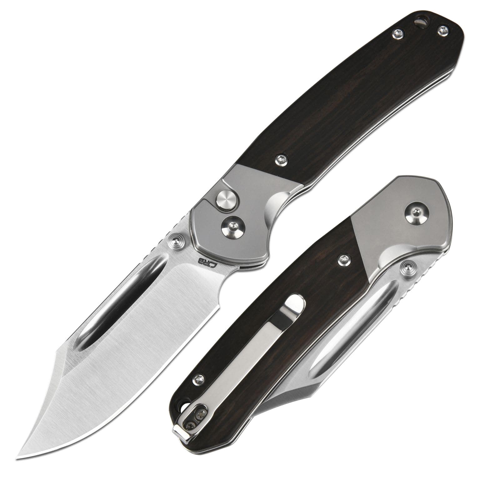 CJRB Bowie Pyrite Pocket Knife, EDC Folding Knife with 3.15'' AR-RPM9 Steel Blade, Hunting Knife with Wood Handle for Camping, Survival - Suitable for Men & Women - J1942 Ebony