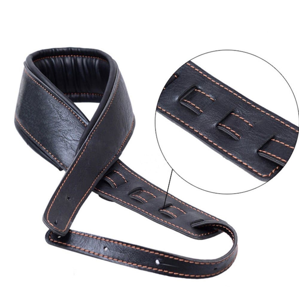 Guitar Strap,Soft Leather Guitar Strap&Bass Strap with 3.5" Wide Adjustable Length from 40" to 60" Packed with 2 Picks(Black)