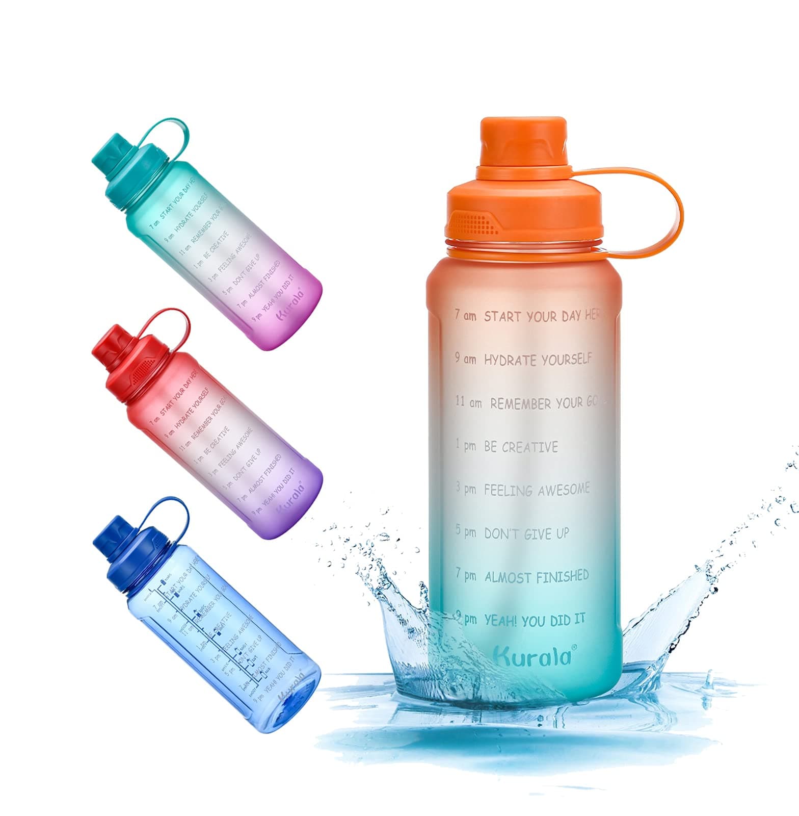 32 oz Motivational Water Bottle with Time Marker Reminder ＆ Straw, Leak-proof No BPA Hydration Sports Daily Water Bottle Jug for Fitness Gym Outdoor Sports Activity (Orange Green Gradient)