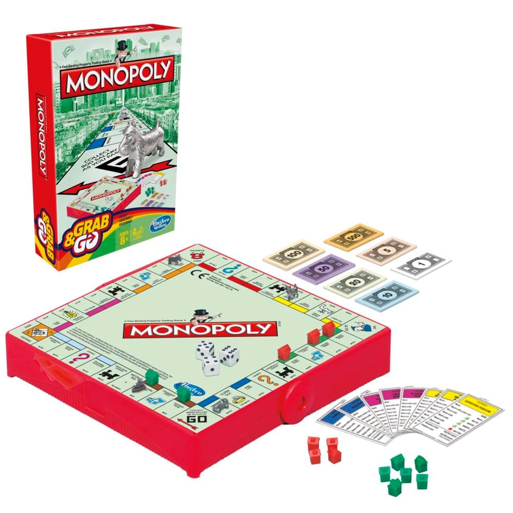 Monopoly Grab and Go Game for Kids Ages 8 and Up, Portable Game for 2-4 Players, Travel Game for Kids