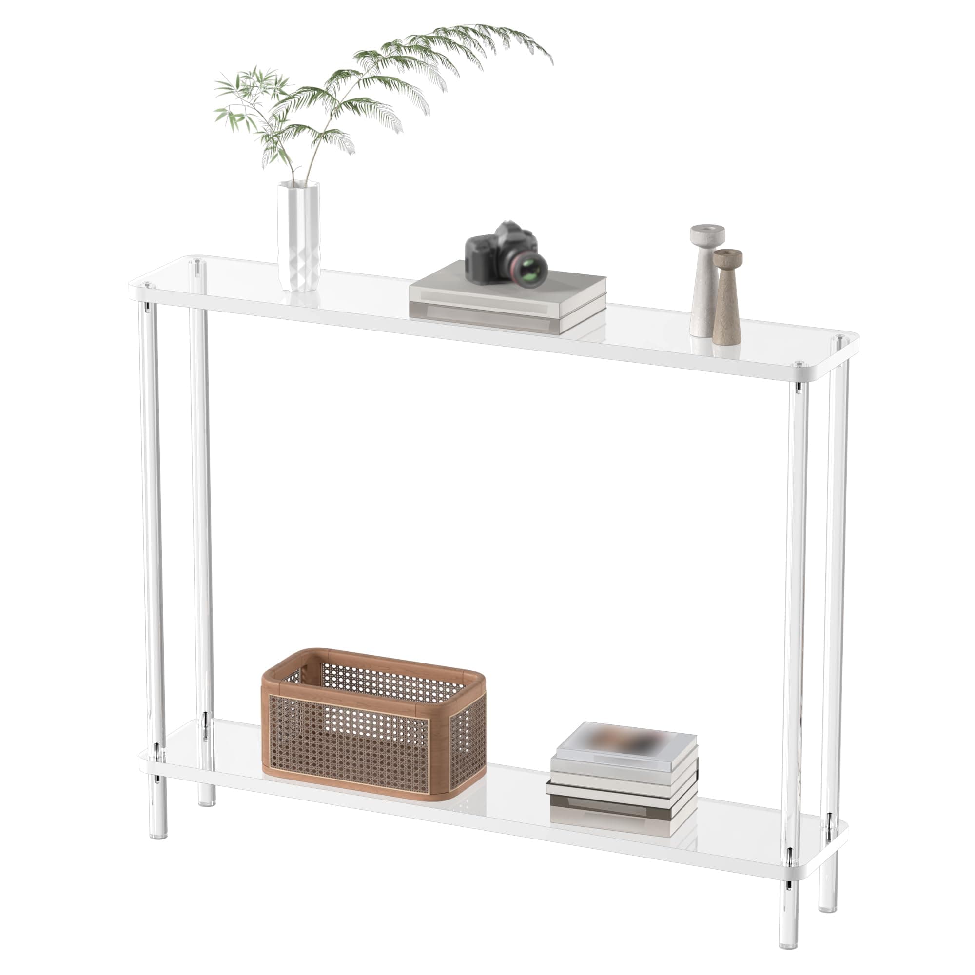 Acrylic Narrow Console Table for Entryway, 7.6" D x 39.4" W x 31.5" H, Cylindrical Legs, Skinny Entry Table for Sofa, Foyer, Hallway, Living Room, Modern, 2-Tier, Clear