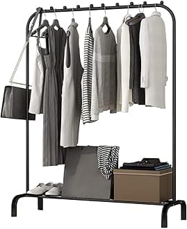 Holdfiturn Clothes Rail Metal Clothing Garment Rack with Bottom Shoes Shelf Stand Free Heavy Duty Drying Racks for Clothes with Multi-slip Bead for Hanging Coats Skirts Bedroom Closet Laundry Black