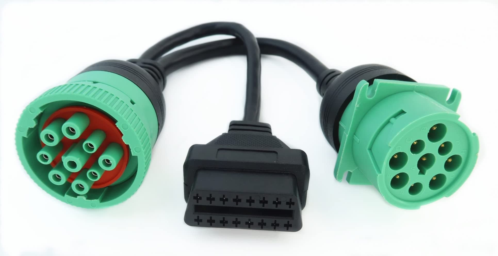Green Type 2 J1939 9pin Female to OBD2 and to J1939 Male Splitter Y Cable for Truck Freightliner GPS ELD Tracker
