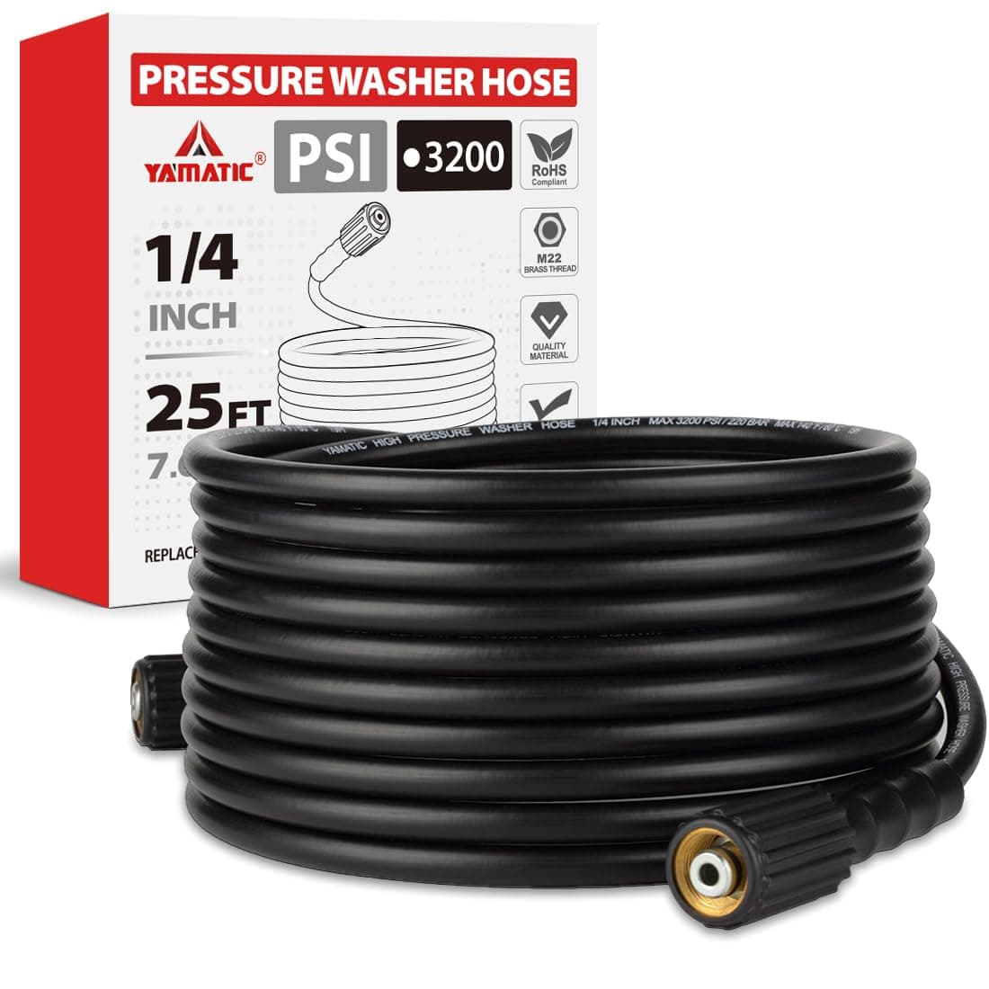 YAMATIC Pressure Washer Hose 25FT x 1/4", 3200 PSI Kink Resistant OEM-Quality Upgrade Power Washer Replacement with M22-14mm Brass Fittings for Ryobi, Troy Bilt, Greenworks, Craftsman