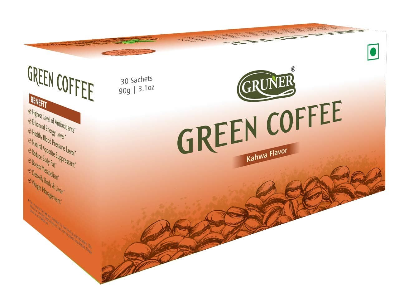 GRUNER Green Coffee Beans Powder- 30 Sachets Each| For Weight Loss/Fat Burner & Immunity Booster| Made with Goodness of Natural Ingredients, Organic Unroasted Coffee Beans