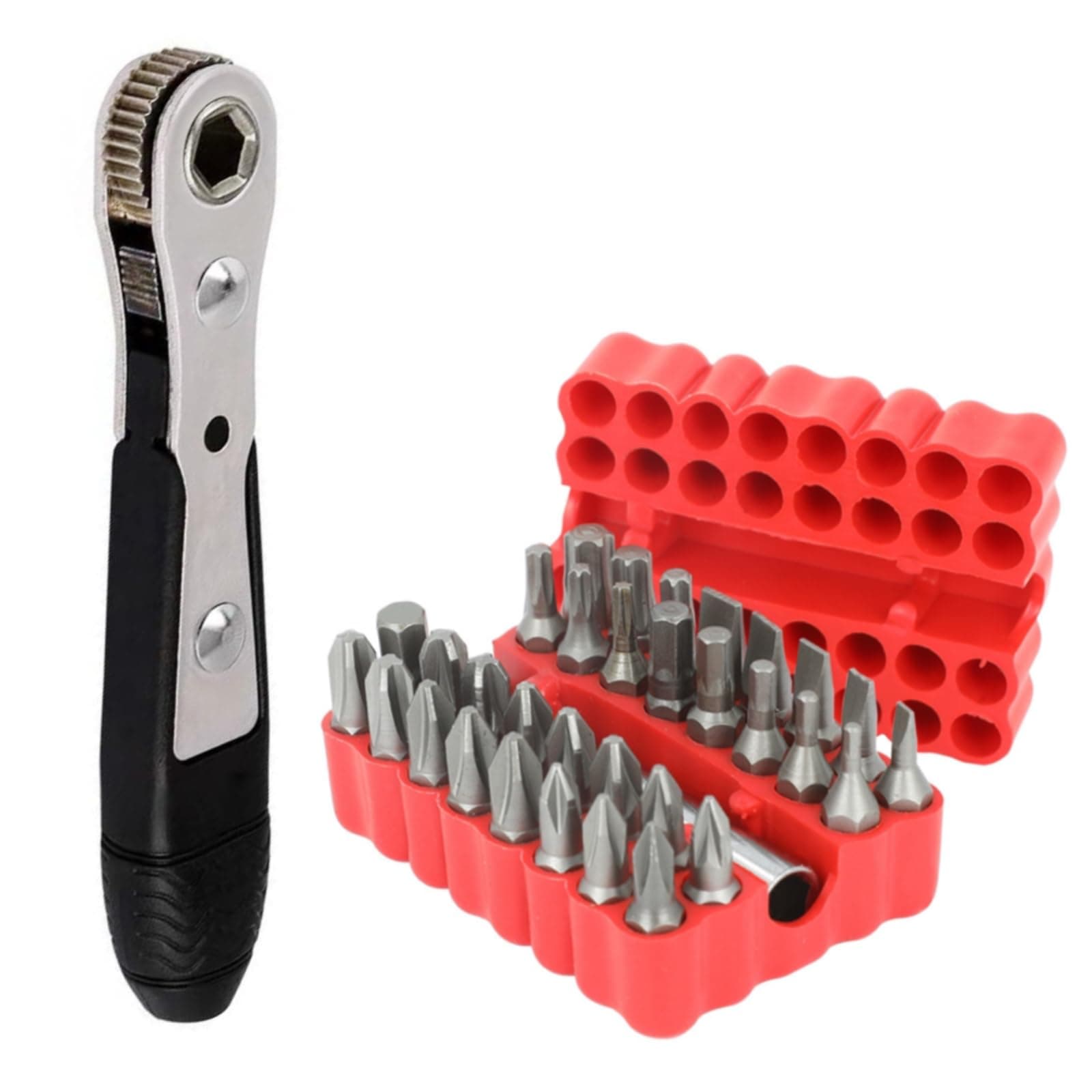 Sunkizzrs® 34-Pcs Ratchet Wrench Screwdriver Bit Set—1/4"(6.35mm)Hex Socket Double-Head Bidirectional Control—Mini Magnetic Ratchet Screw Driver Set with High Torque for Gadgets/Machines (Pocket Size)