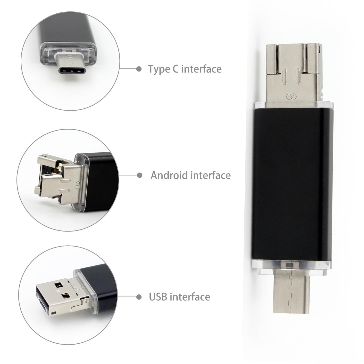 64G OTG USB Stick High Capacity Flash Disk Metal Case 3 in 1 Flash drive for Android Type C Smartphone Tablet Macbook and Chromebook Pixel (Black)