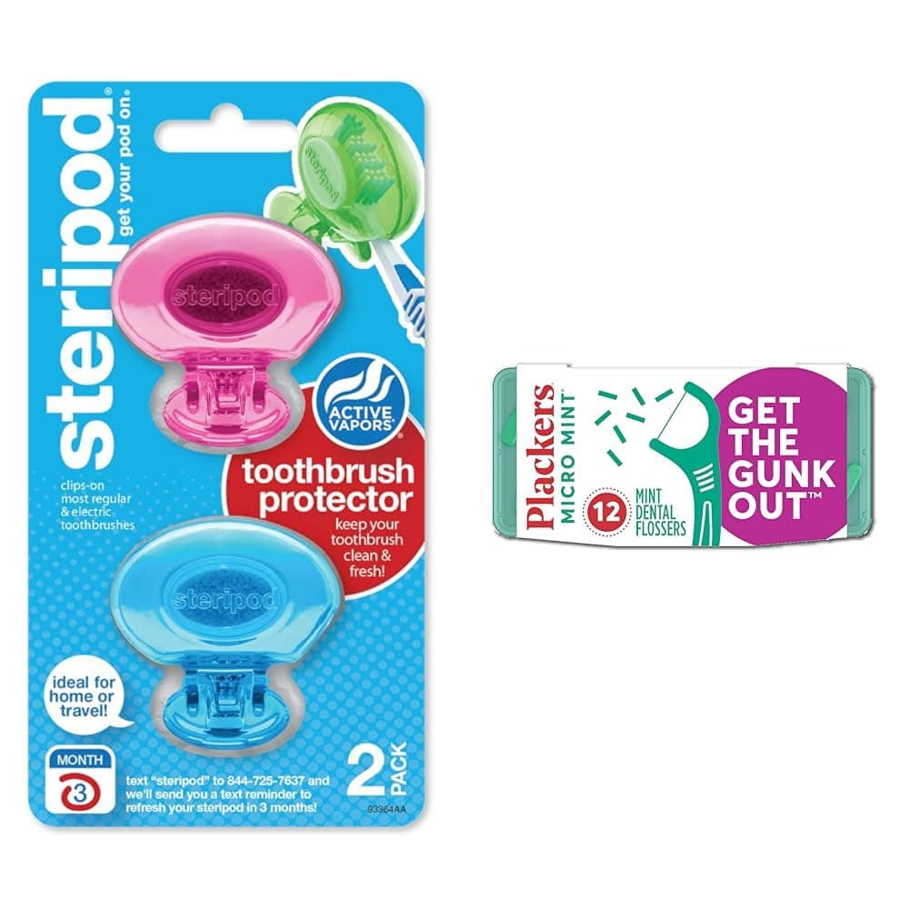 Toothbrush Protectors (2 Count) & Plackers Micro Mint Dental Floss Picks (12 Count) Bundle