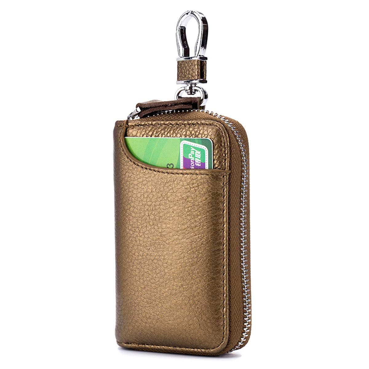 Genuine Leather Car Keychain Key Holder Case Bag Wallet Cover with Zipper Credit Card Holder (Bronze)