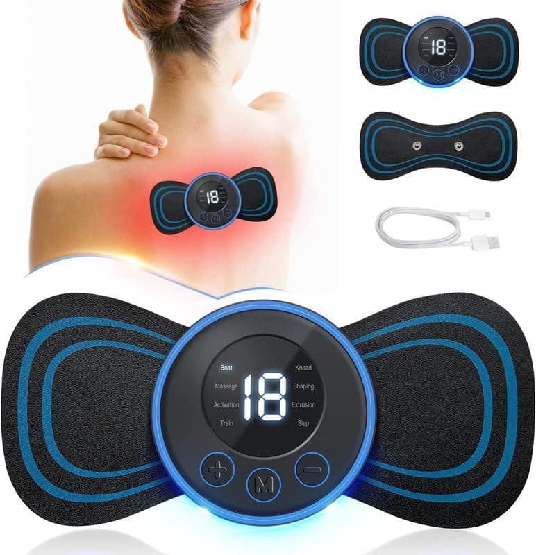 Full Body Mini Butterfly TENS Massager with 8 Modes, 19 Levels Electric Rechargeable Portable EMS Patch for Shoulder, Neck, Arms, Legs, Neck, Men/Women BLACK