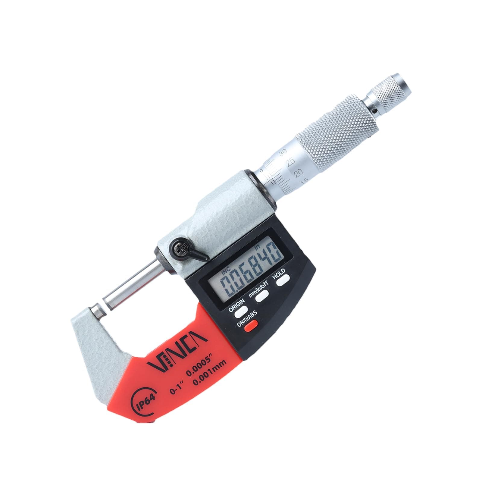 VINCA Absolute IP64 Origin Digital Micrometer, DMCA-0105 0-1"/0-25mm, 0.00005" /0.001mm Resolution, Hold Function, Carbide Tip