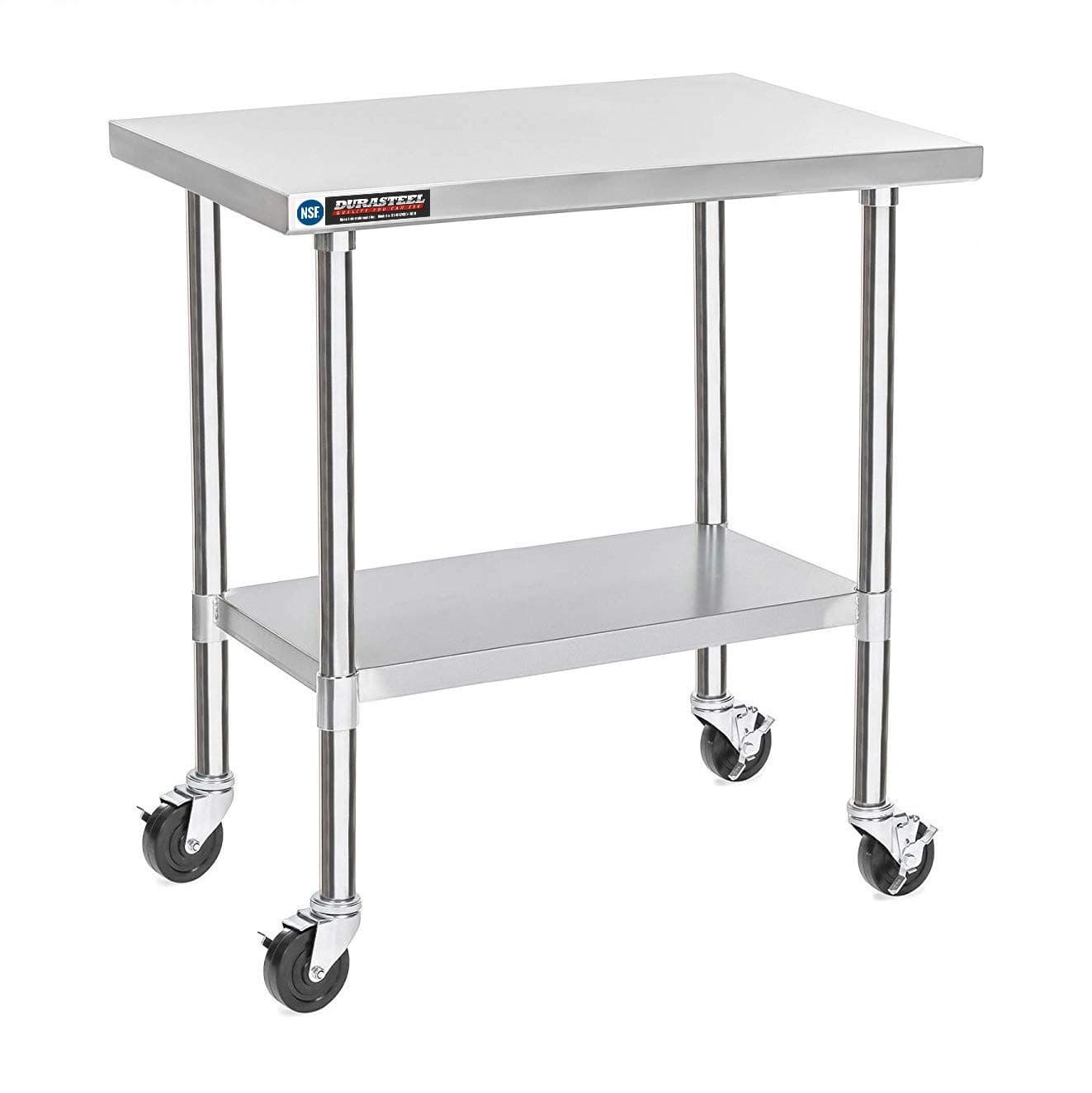 DuraSteelStainless Steel Worktable, Chrome, 24" x 36" Table + 4 Casters