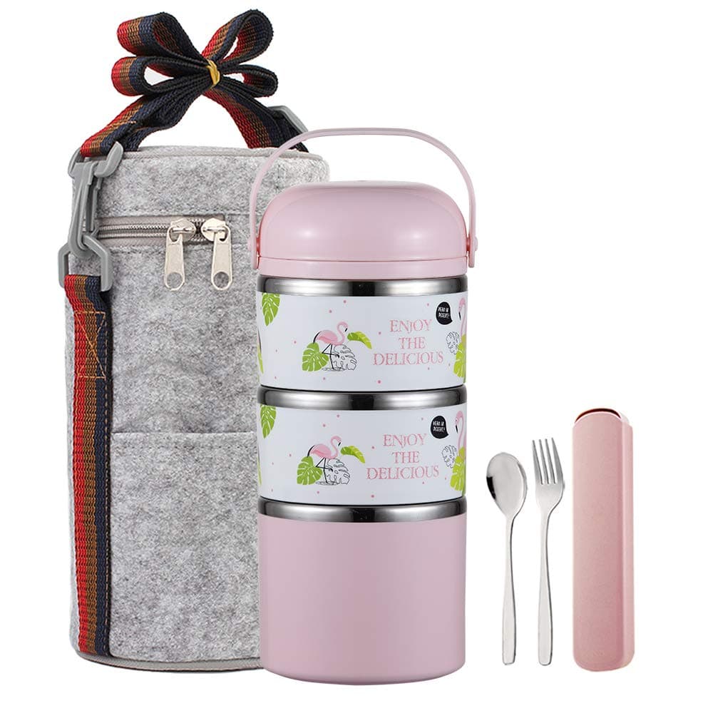 YBOBK HOME Cute Bento Lunch Box with Flatware Set Stackable Lunch Box Stainless Steel Lunch Box Leak Proof Bento Box Insulated Reusable Meal Prep Container for Kids and Adults (3-Layer, Pink)