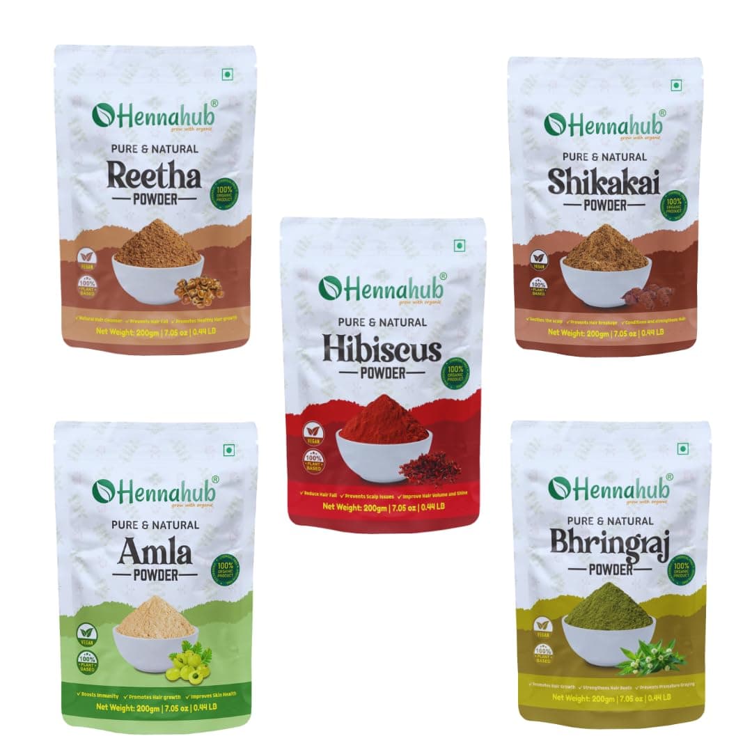 Hennahub Amla, Reetha, Shikakai, Bhringraj and Hibiscus Powder for Hair Growth & Hair Mask, 200g each (Combo Pack of 5)