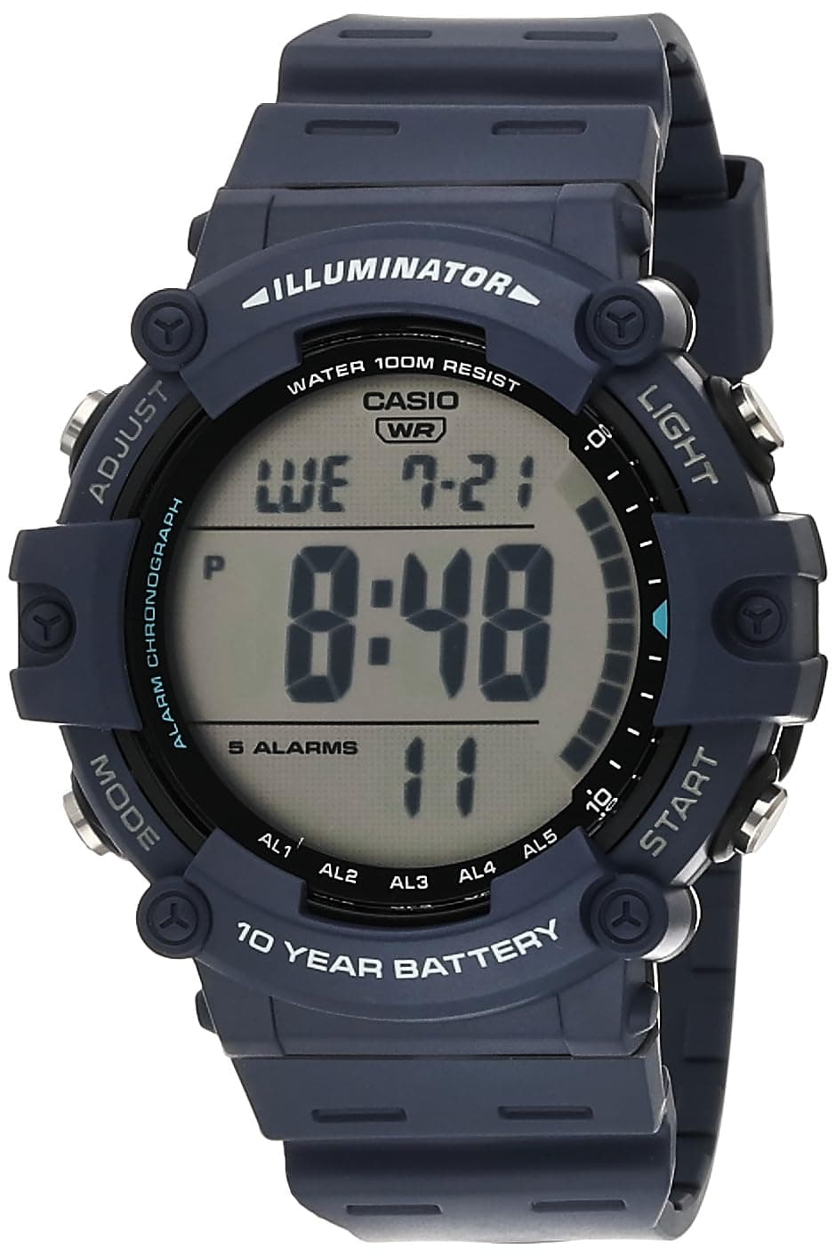 Casio Illuminator 10-Year Battery 100M Water Resistant LED Backlight 5-Alarm Chronograph Digital Stop Watch AE1500WH-2AV, Blue, Digital Sports Watch
