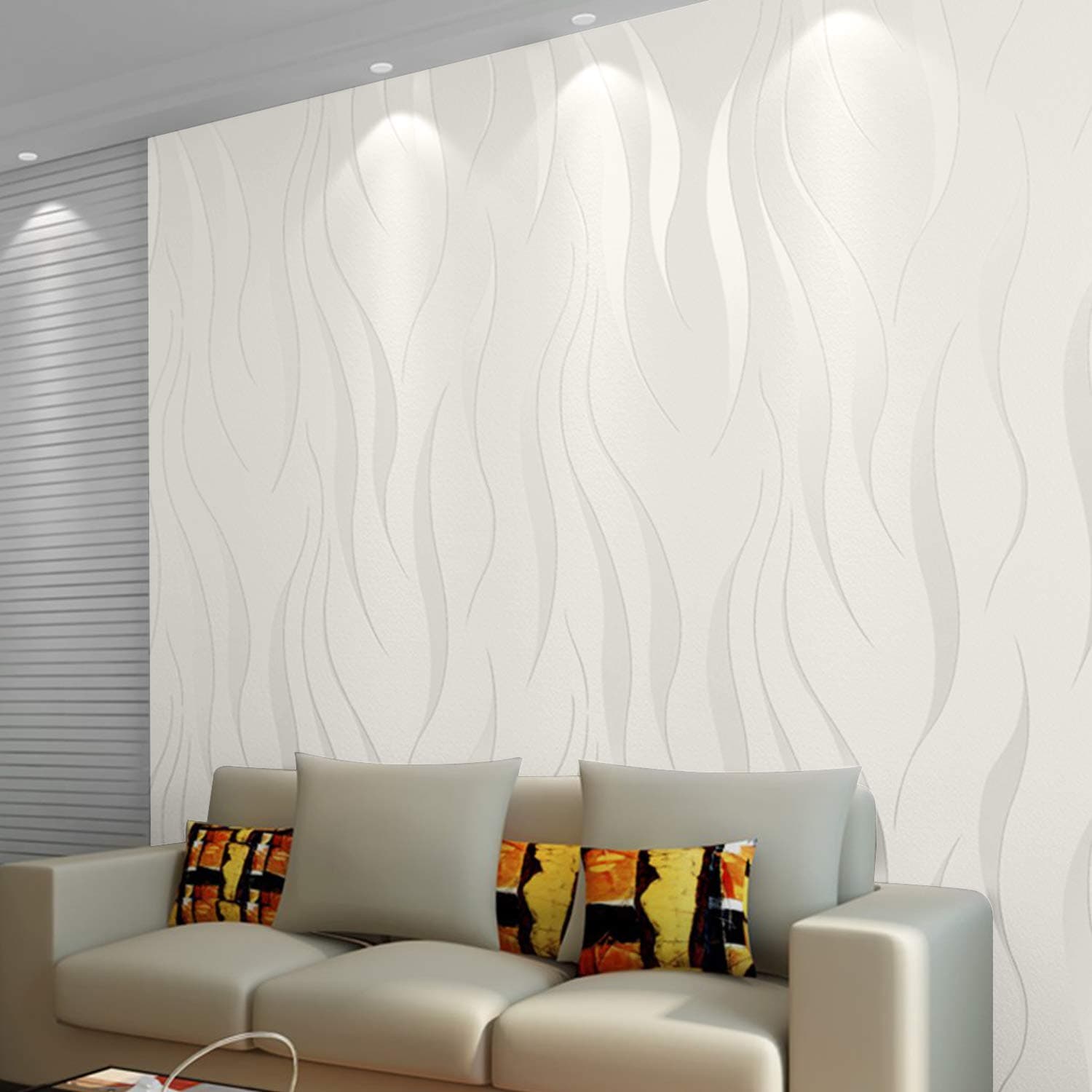 10M * 53CM Luxury 3D Wave Flocking Wallpaper Rolls - Beige and White Wallpaper