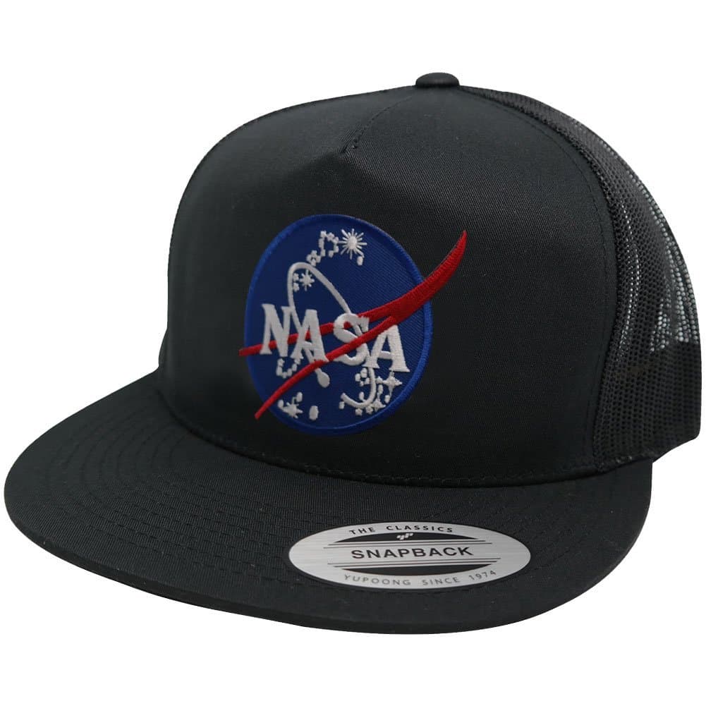 Flexfit 5 Panel NASA Insignia Embroidered Patch Snapback Mesh Back Cap - Black